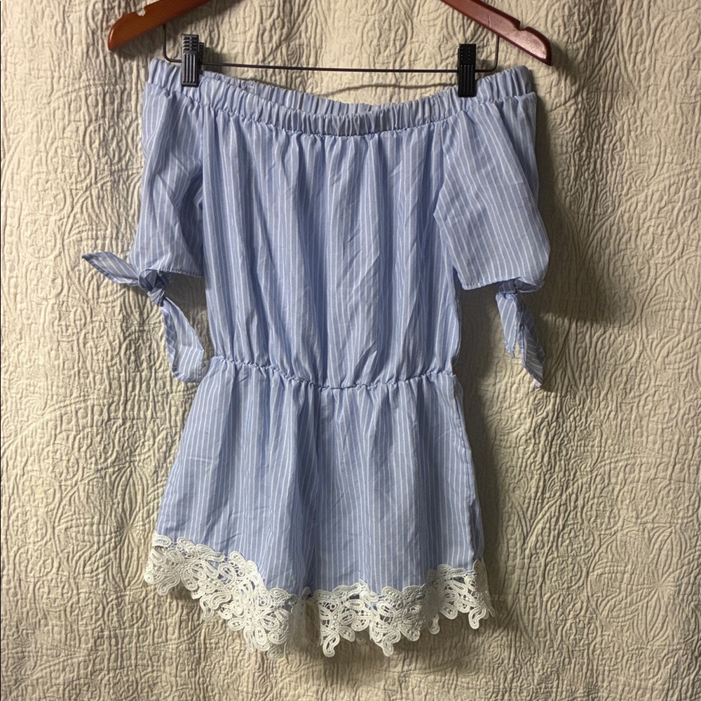 Haute Monde Light Blue Striped Off-Shoulder Romper with Lace Hem